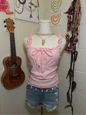 Ruffled Eyelet Tie-Front Tank Top - Pink